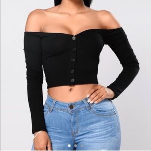Black off the shoulder long sleeve cropped shirt